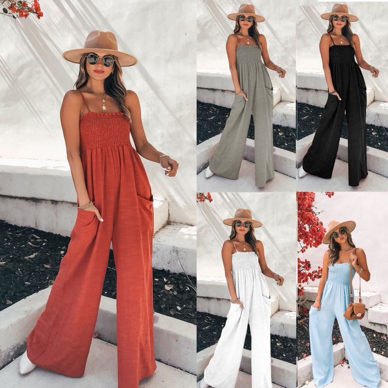 White Blended Suspender Wide-leg Jumpsuit