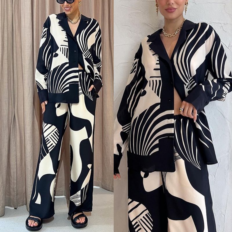 Set Lapel Printed Long Sleeve Trousers Suit