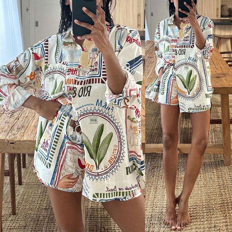 Printed Short Polyester Printed Lapel Shirt Shorts Set