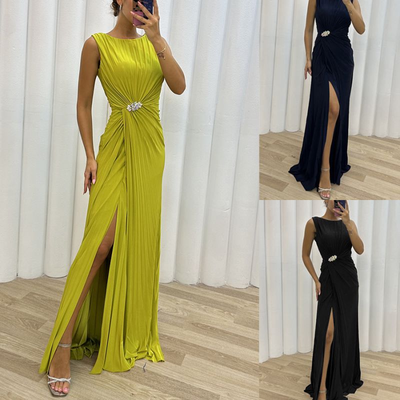 Navy Sleeveless Pleated Dress With Slits