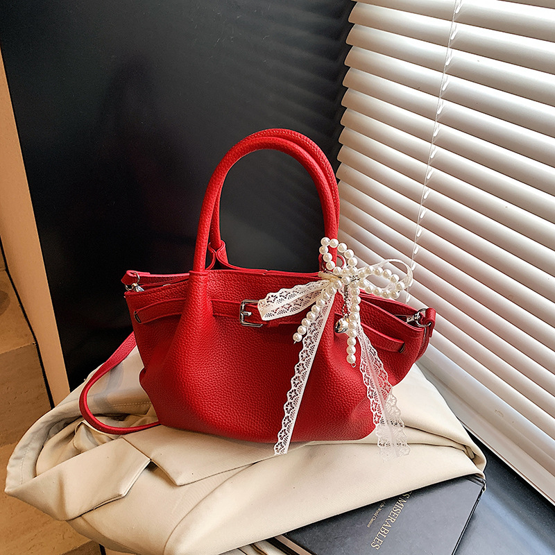 Pink Belt Pendant Pu Lychee Pattern Large Capacity Crossbody Bag