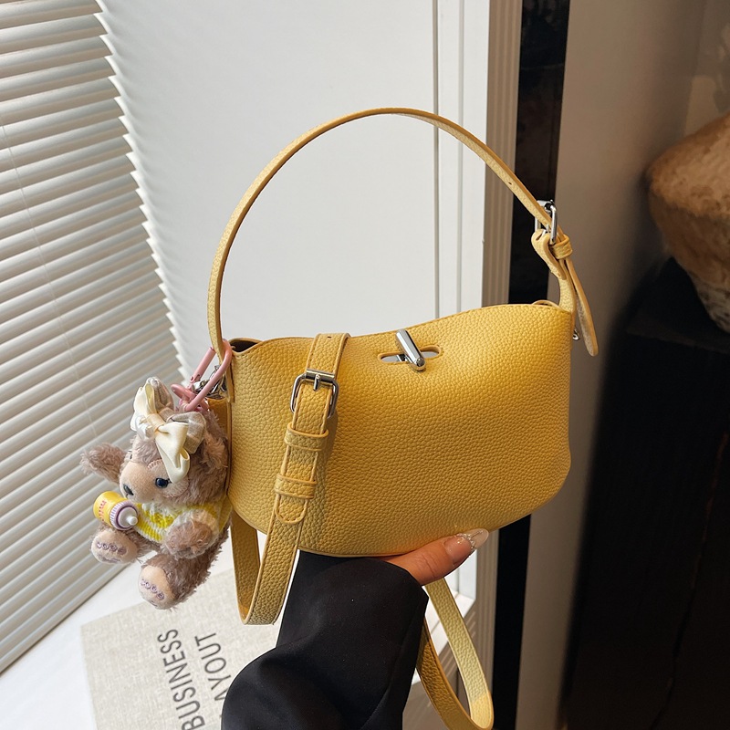 Yellow Belt Pendant Pu Litchi Pattern Crossbody Bag