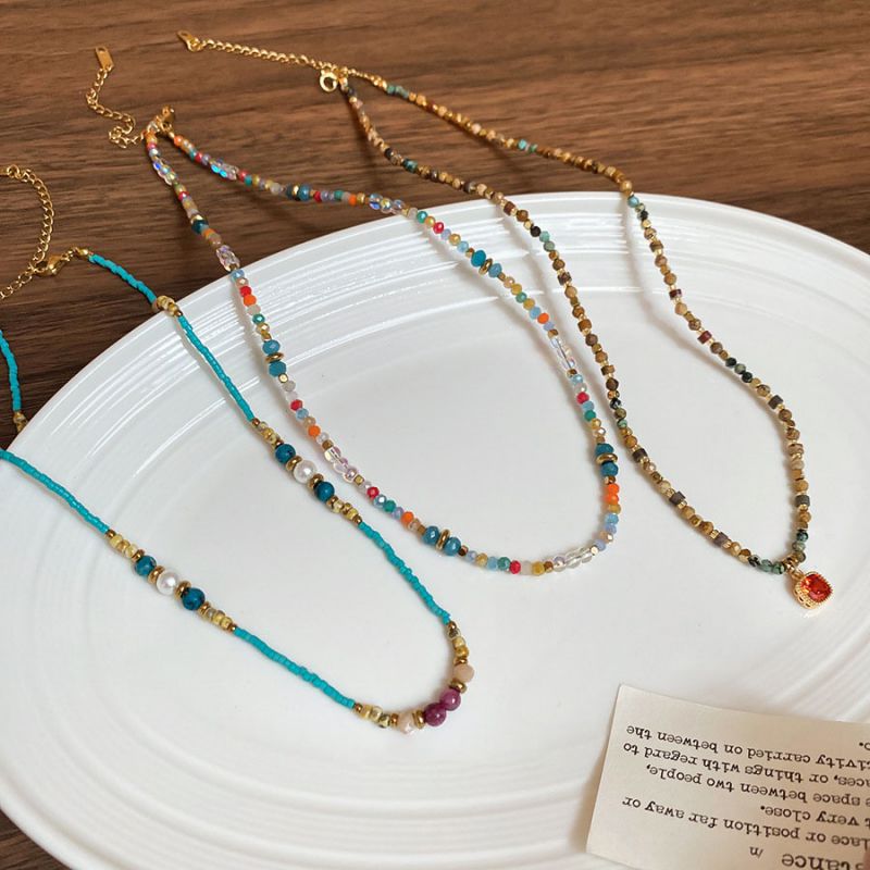 Necklace-blue-red Titanium Steel Colored Crystal Beaded Necklace