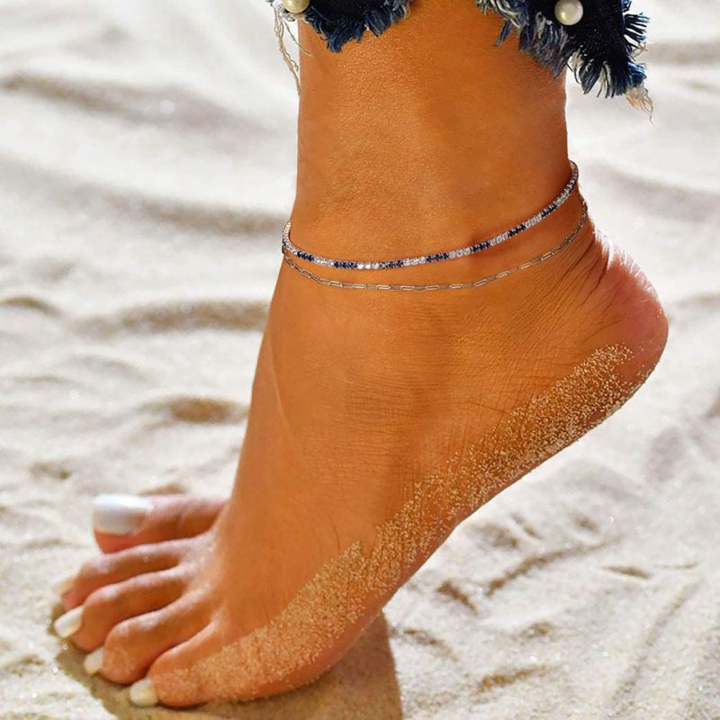 White And Blue 4a Zircon Silver Diamond Claw Chain Anklet