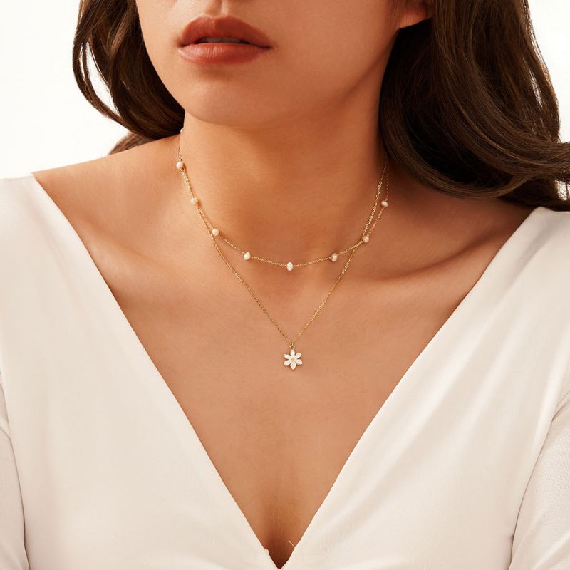 Platinum + Freshwater Pearl Silver Pearl Flower Double Necklace