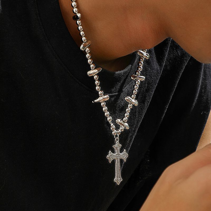 Collar De Cruz De Cuentas Geométricas De Metal Para Hombre