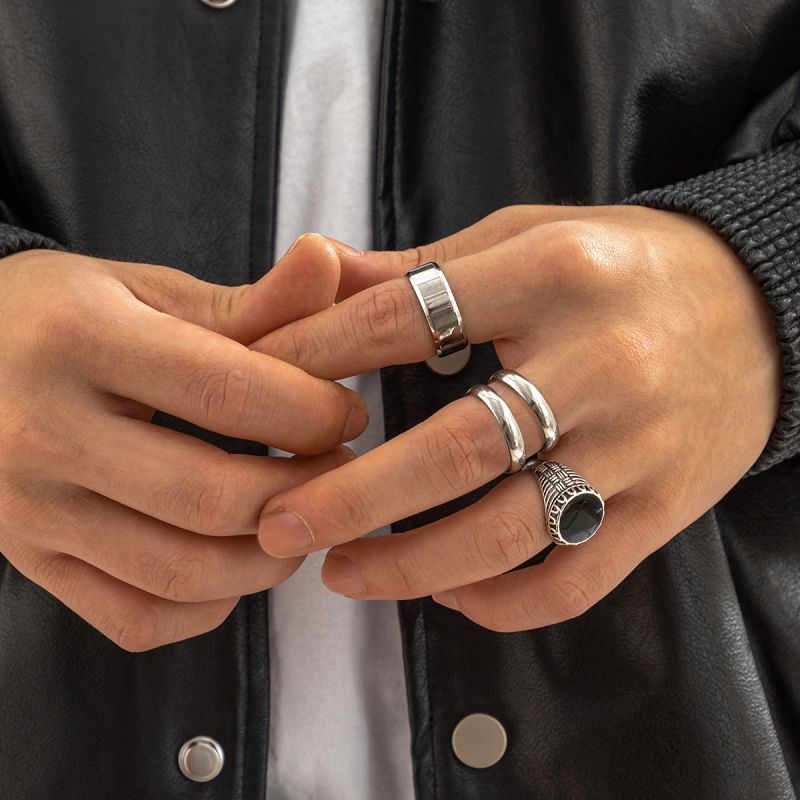 White K 03744 Titanium Steel Geometric Round Men's Ring Set