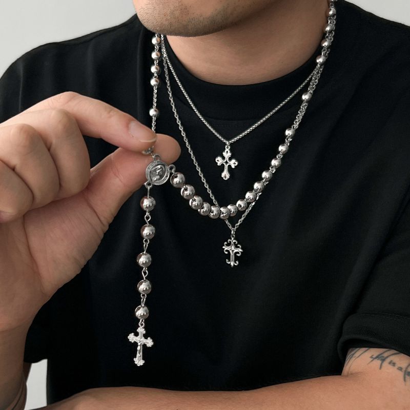 Collar Multicapa Con Cruz De Perlas Para Hombre