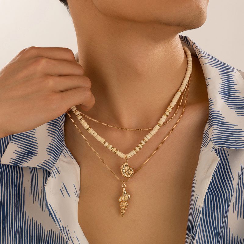 Gold Coconut Shell Beaded Conch Multilayer Necklace For Men