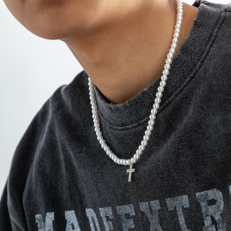 Collar De Cruz De Diamantes Con Cuentas De Perla Para Hombre
