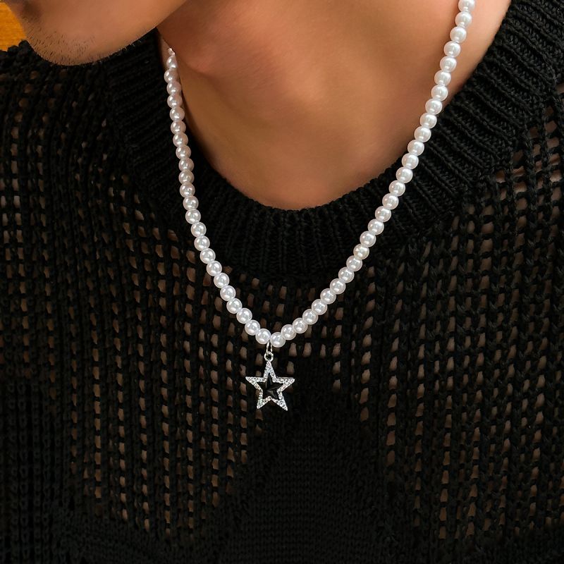 Collar De Hombre Con Pentagrama De Diamantes Y Cuentas De Perla