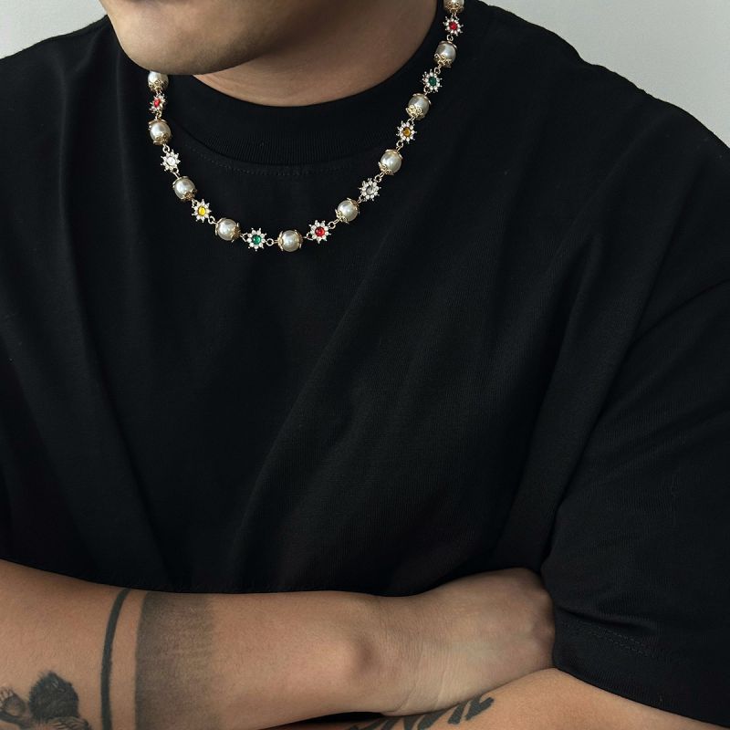 Collar De Hombre De Doble Capa Con Cruz De Cuentas De Perla De Metal