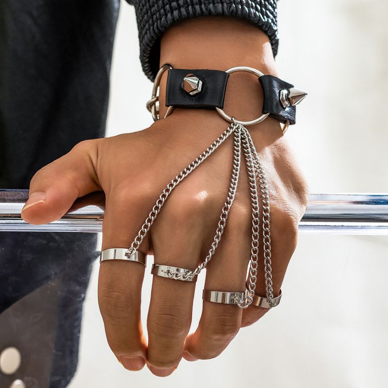 Silver Alloy Leather Rivet Men's Finger Bracelet