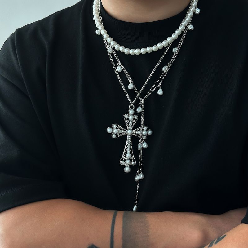 Collar Multicapa Con Cruz De Cuentas De Perla De Metal Para Hombre