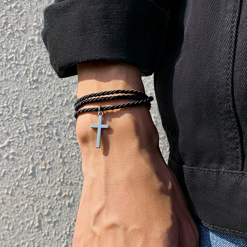 Silver Multi-layered Braided Cross Men's Bracelet