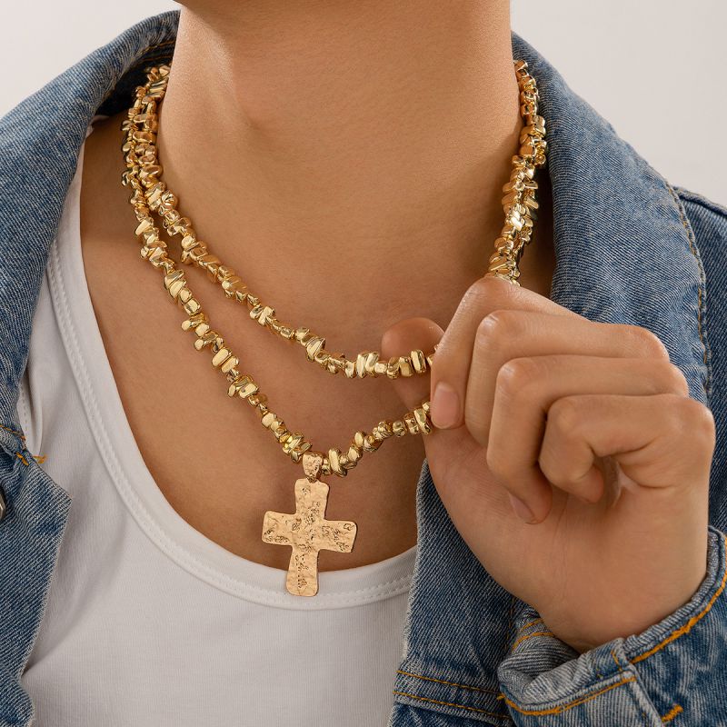 Collar De Cruz De Cuentas Irregulares Para Hombre