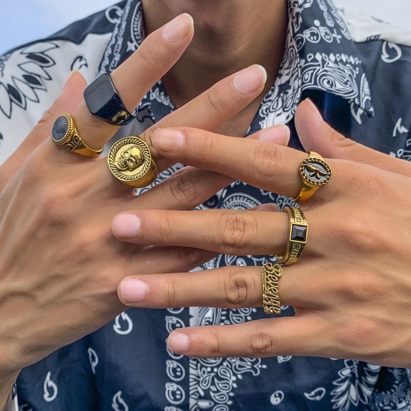 Silver Alloy Letter Skull Men's Round Ring Set