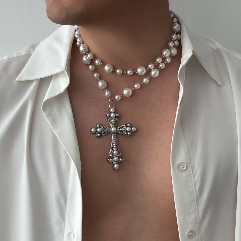 Collar De Cruz Con Cuentas De Perlas Para Hombre