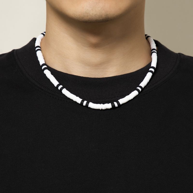 Collar Para Hombre Con Cuentas De Arcilla Suave Con Mosaico En Blanco Y Negro