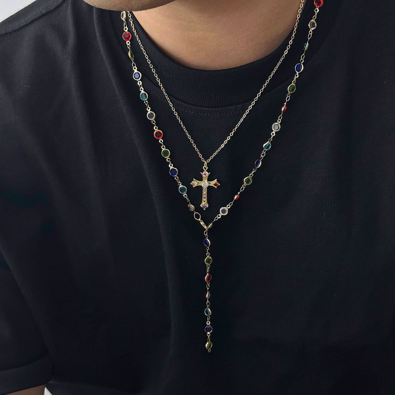 Collar De Doble Capa Con Cruz De Cristal De Colores De Aleación Para Hombre