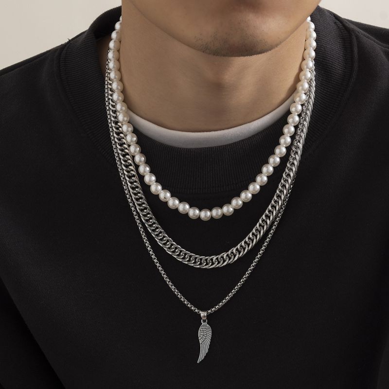 Collar Multicapa Con Alas De Perlas Para Hombre