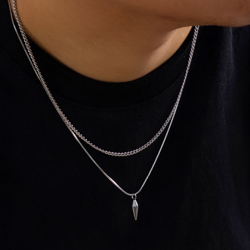 Silver Alloy Rivet Double Layer Men's Necklace