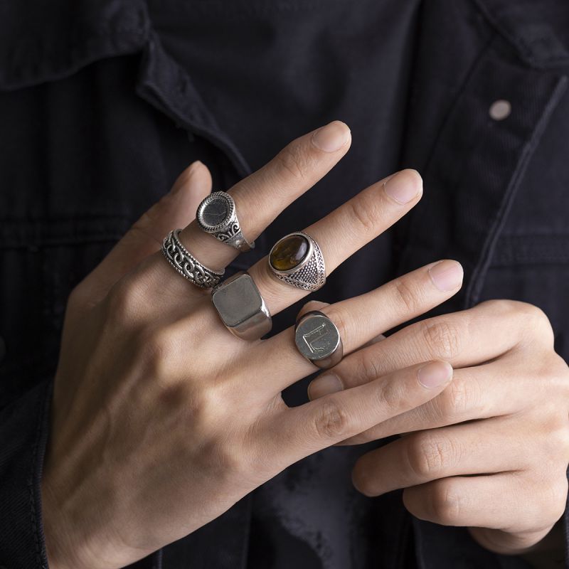 Juego De Anillos Redondos Geométricos De Aleación