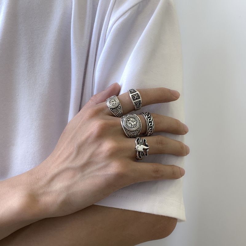 Juego De Anillos Redondos De Aleación Con Diseño Geométrico De Tótem