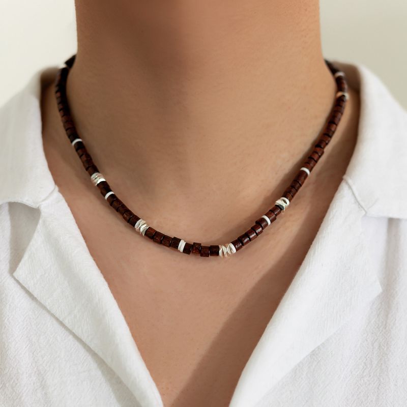 Silver Wooden Beads Beaded Necklace For Men