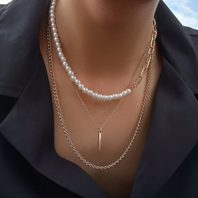 Silver Alloy Pearl Beaded Multi-layer Necklace