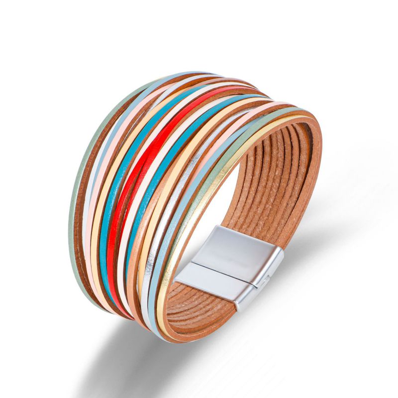Pulsera De Cordón De Cuero Redondo Con Arcoíris Multicapa