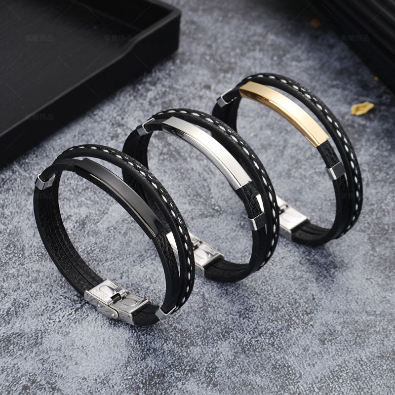 Silver Leather Braided Stitch Men's Bracelet