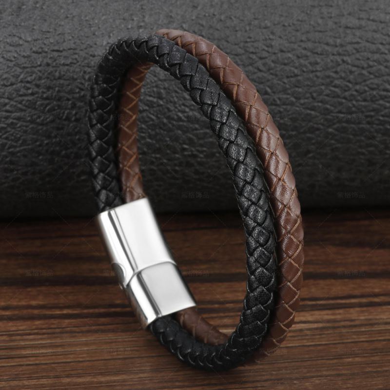 Black+gold Men's Braided Leather Bracelet