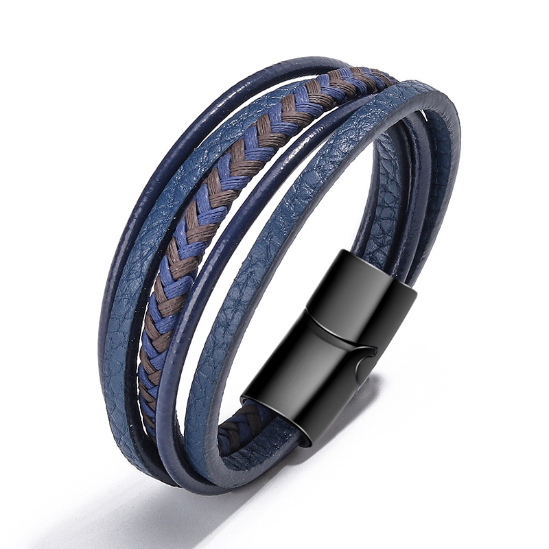 Blue Braid With White Button 23cm Multi-layer Braided Leather Men's Bracelet
