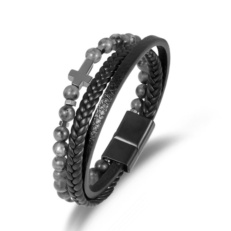 Black Shiny Beads Stainless Steel Natural Stone Beaded Braided Cross Men's Bracelet