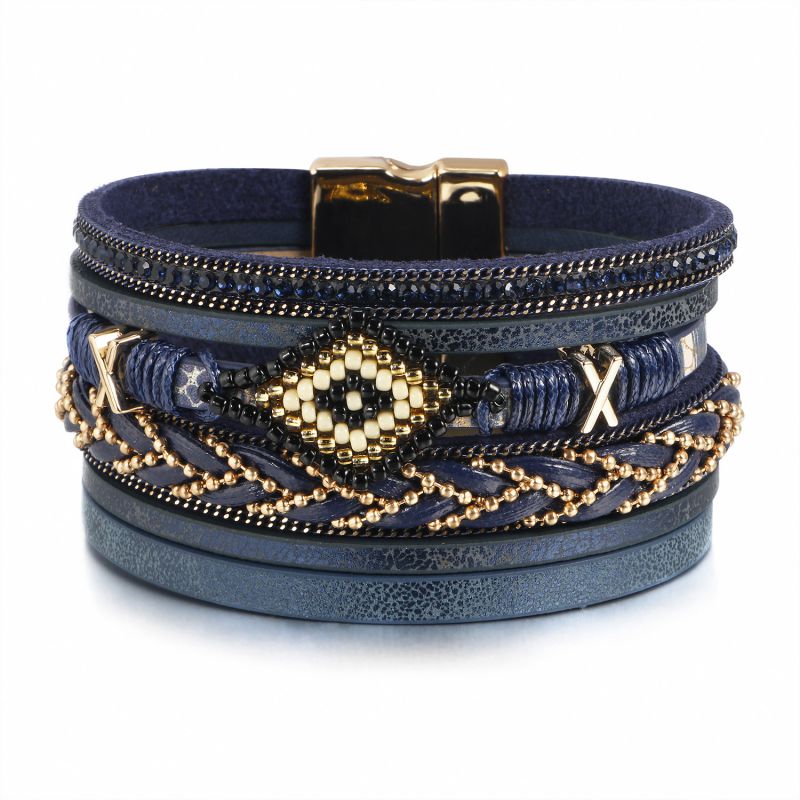 Blue Rice Beads Braided Eyes Men's Leather Bracelet