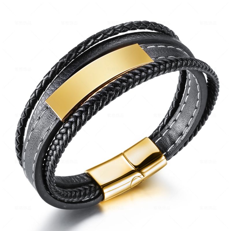 Steel Multi-layer Leather Braided Stainless Steel Men's Bracelet
