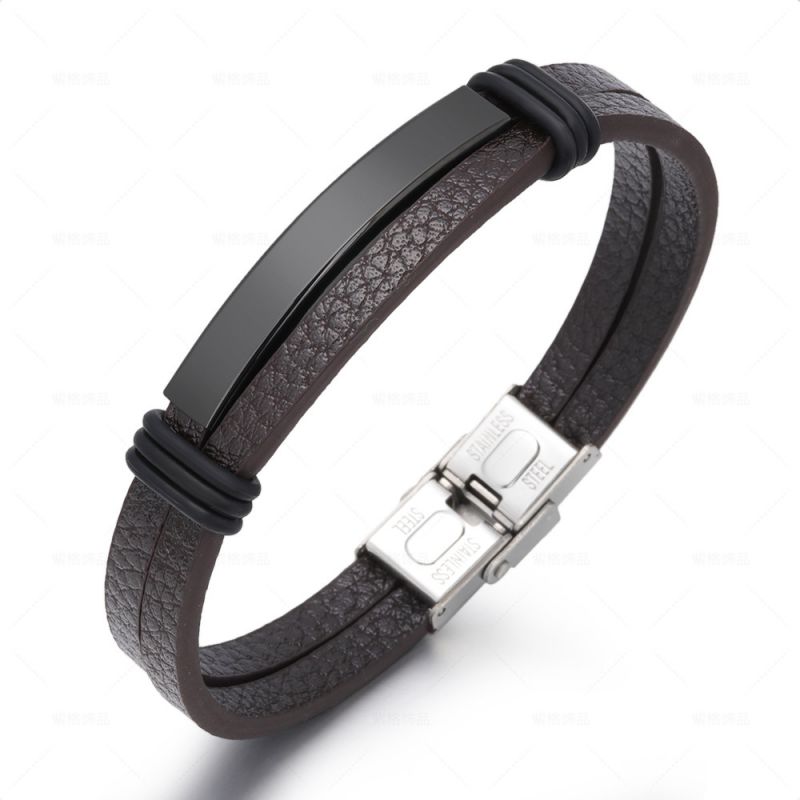 Black Leather Gold Tube Leather Braided Men's Bracelet
