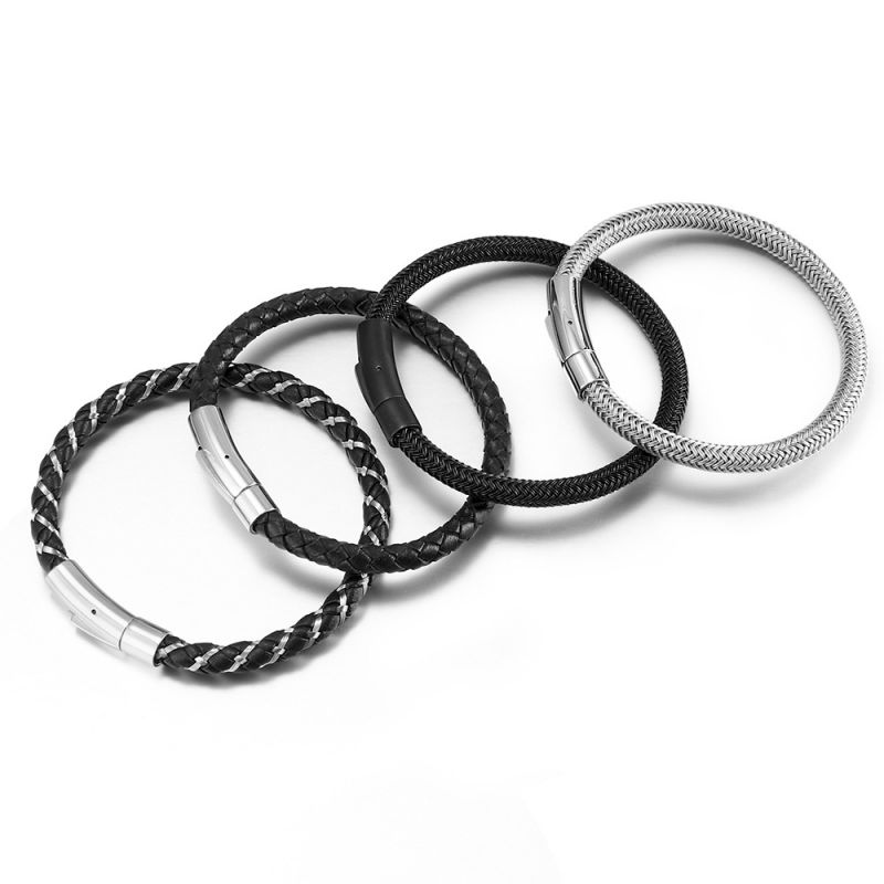 Black Leather With Silver Buckle Braided Leather Cord Stainless Steel Men's Bracelet