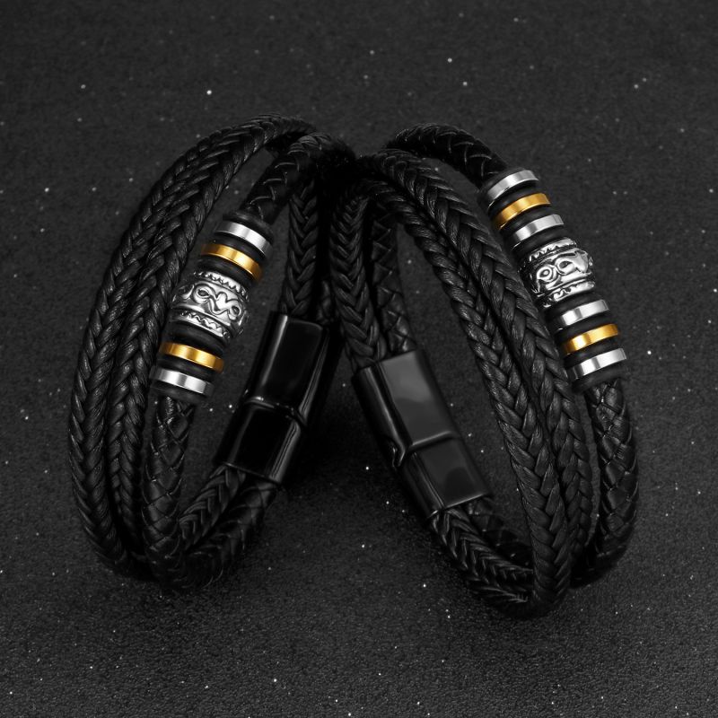 Black Leather Black Buckle Three Ring Multi-layered Leather Braided Bracelet For Men