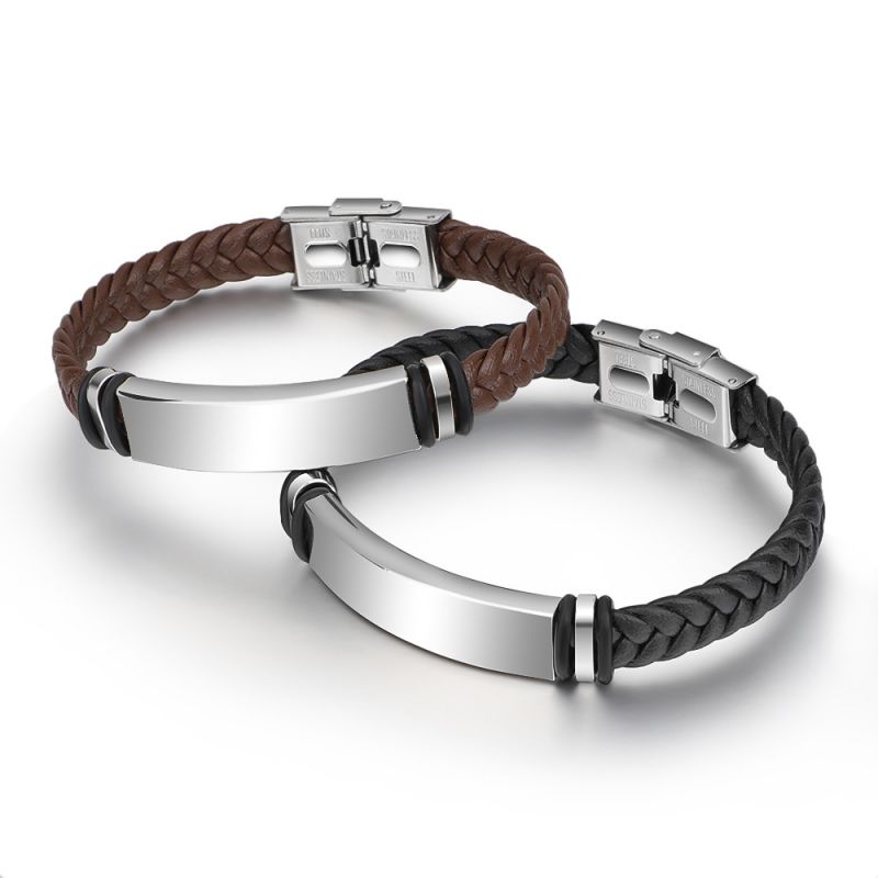 Pu Material Black Braided Leather Titanium Steel Curved Bracelet For Men