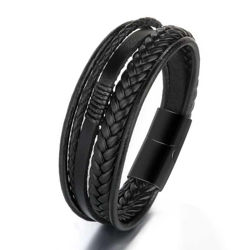 Brown Leather White Button Multi-layered Leather Braided Bracelet For Men