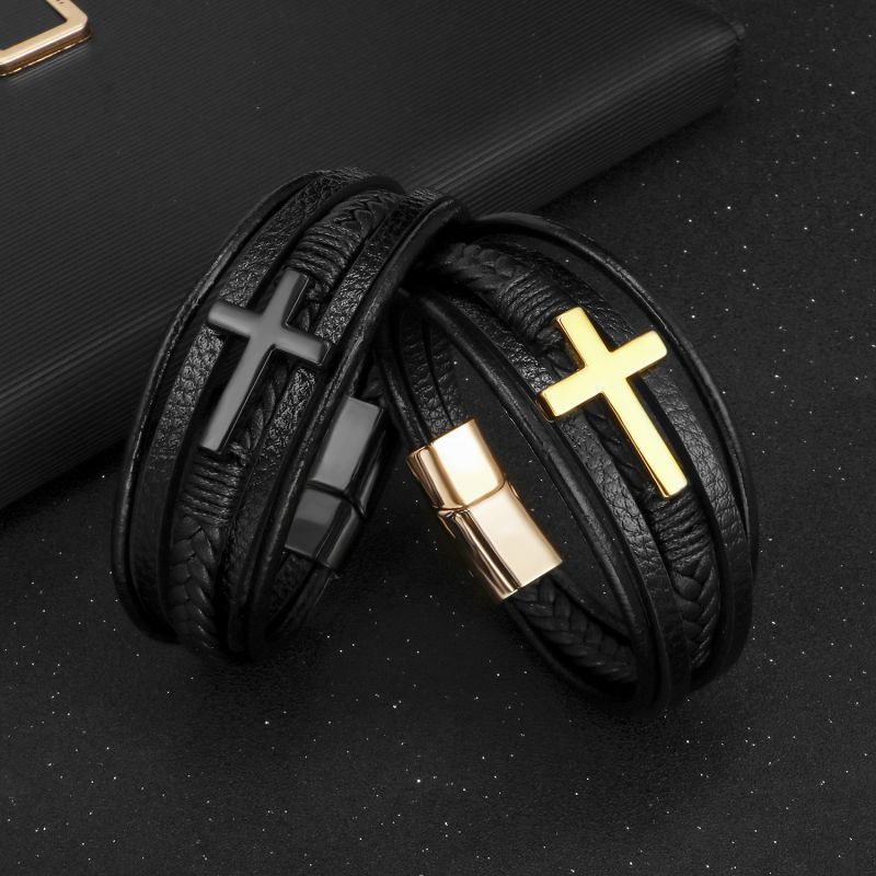 Black 21cm Leather Braided Cross Men's Bracelet