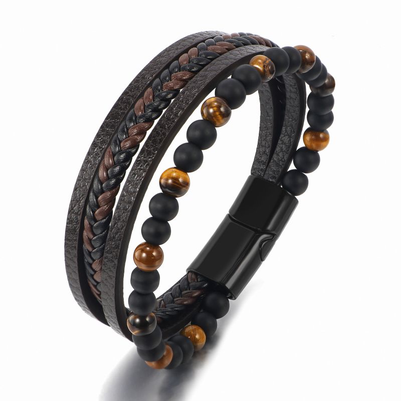 Lapis Lazuli + Frosted Stone 23cm Tiger Eye Beaded Multi-layered Leather Braided Men's Bracelet