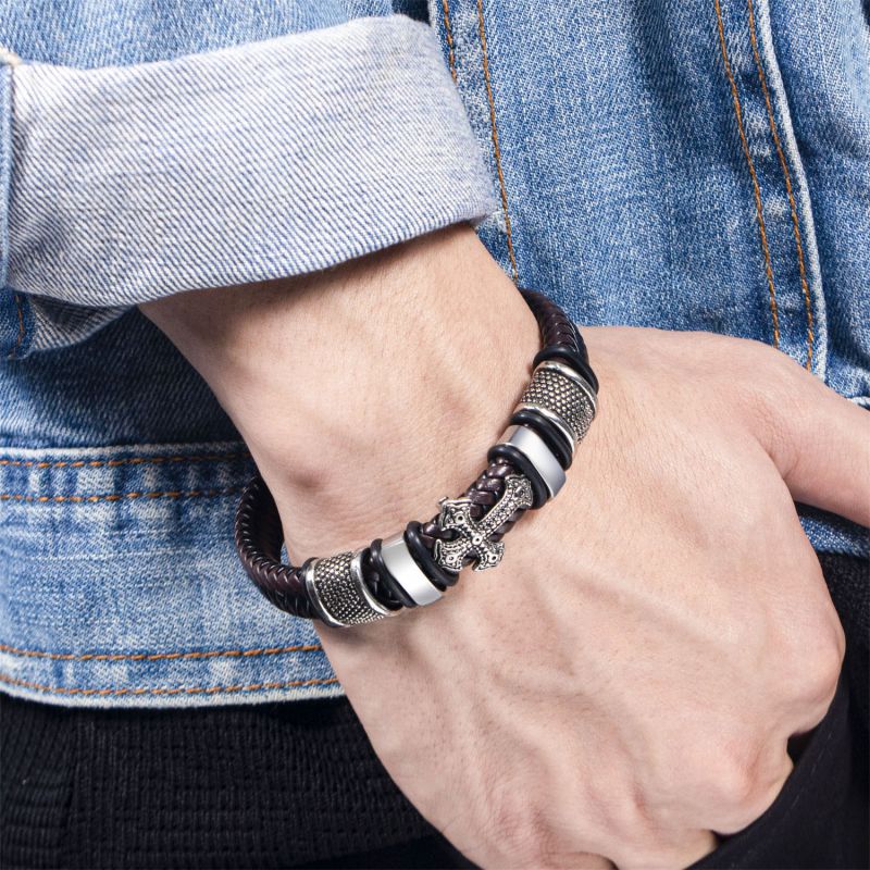 19cm Black And Brown Mixed Color Leather Braided Metal Cross Men's Bracelet