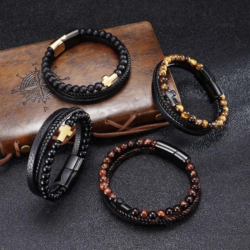 Black Glass Beads + White Cross Stainless Steel Natural Stone Beaded Cross Men's Bracelet