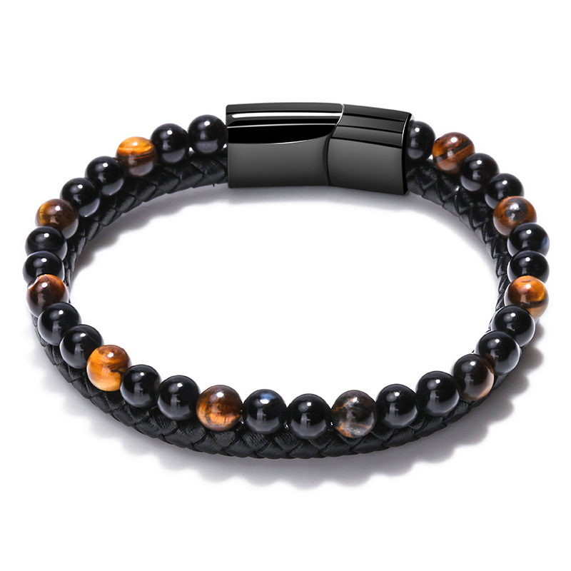 Volcanic Stone 2-23cm Stainless Steel Natural Stone Beaded Men's Bracelet