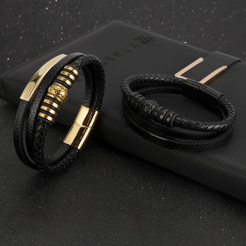 Black 19cm Stainless Steel Leather Braided Men's Bracelet