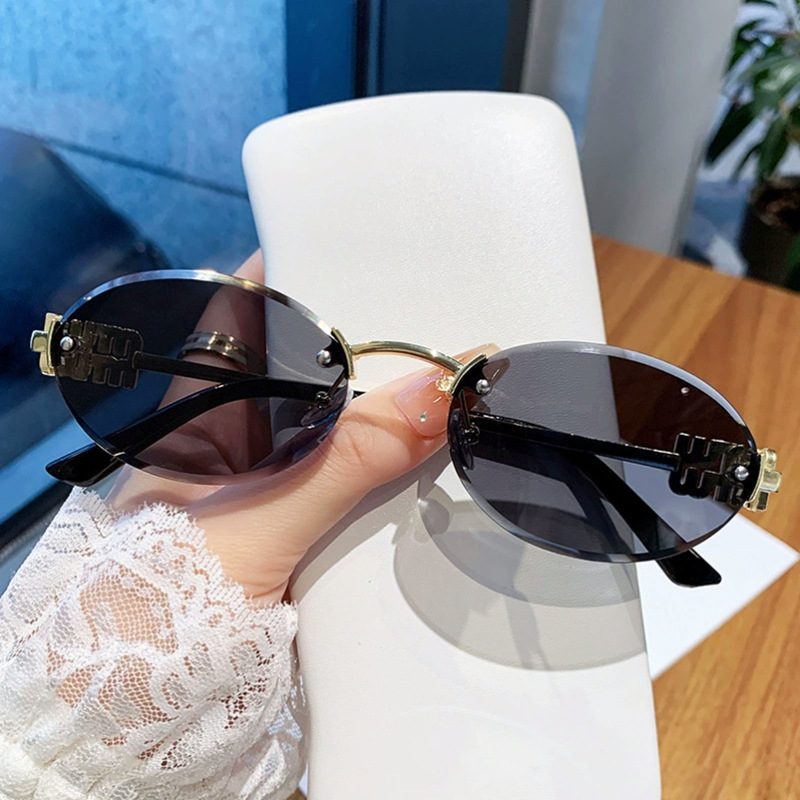Gold Frame Full Gray Frameless Oval Sunglasses