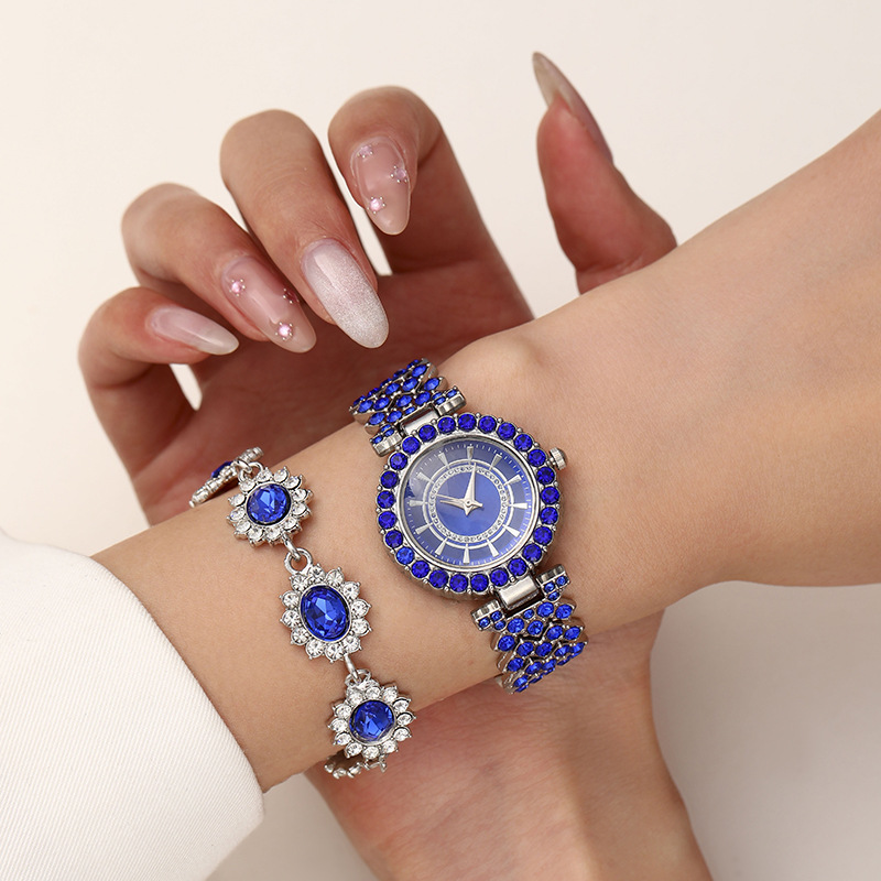 Two-piece Set (opp Packaging) Alloy Diamond Round Watch Bracelet Set